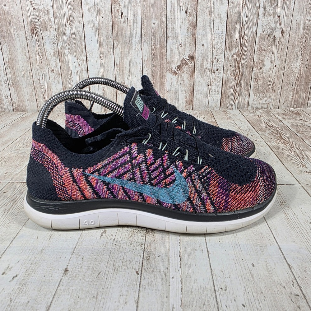 Nike Free 4.0 Flyknit Womens Running Shoes Black Multi Color 717076-405 Size 7.5